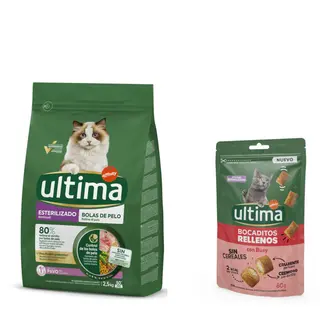 Ultima: karma sucha, 2,5 kg + Snacks nadziewane kawałeczki z wołowiną, 60 g gratis! - Cat Sterilized Hairball, indyk