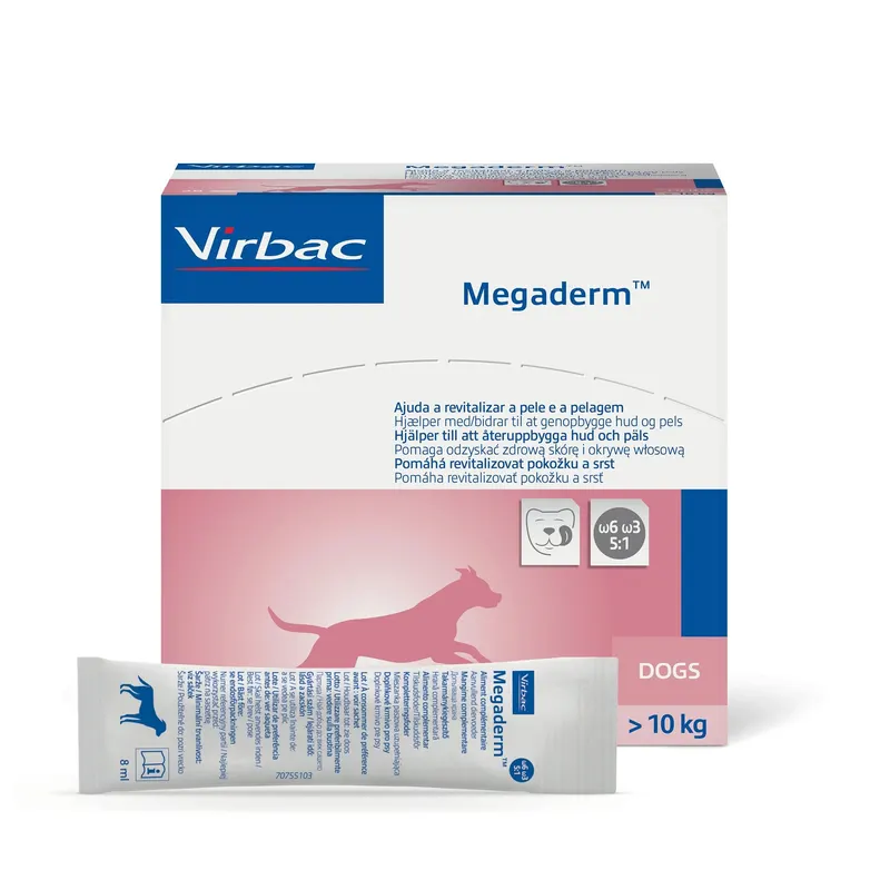VIRBAC Megaderm Kwasy tłuszczowe wzmacniające skórę i sierść - suplementy dla psa - 28x8ml
