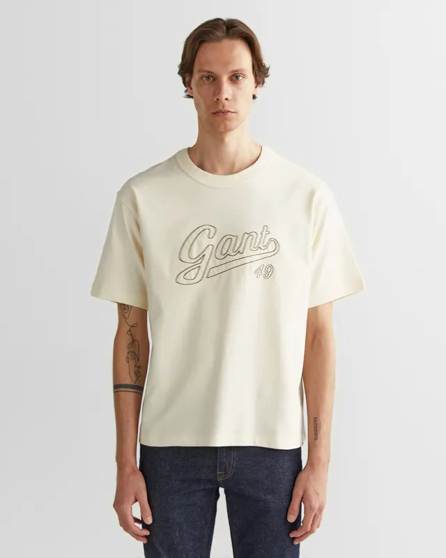 Gant Bawełniany T-Shirt Męski Z Nadrukiem Okrągły Kołnierzyk Relaxed Fit
