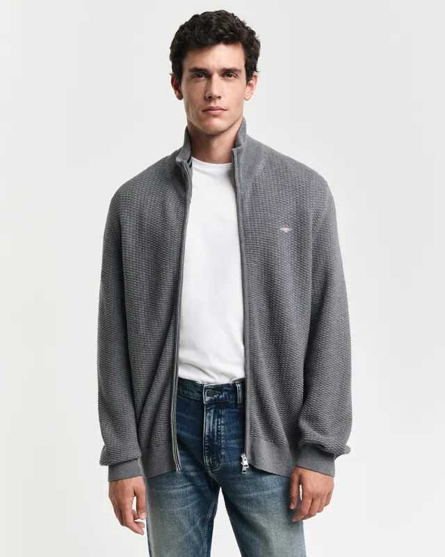Gant Sweter Rozpinany Męski Z Zamkiem Z Długim Rękawem Regular Fit Szary