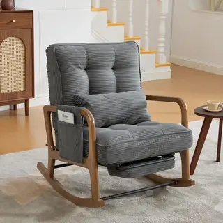 Nowoczesny fotel bujany z podnóżkiem, fotel dziecięcy ze sznurka boucle z kieszeniami bocznymi, ergonomiczny fotel wypoczynkowy z poduszką lędźwiową..