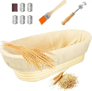ZESTAW KOSZY DO PIECZENIA CHLEBA 25 CM RATTAN LEN SZCZOTKA NÓŻ
