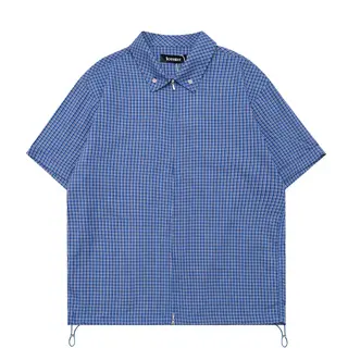 Japanese Retro Plaid Short Sleeved Shirt for Men and Women, Wide and Relaxed Swing Drawstring Five Quarter Sleeve Workwear TEE