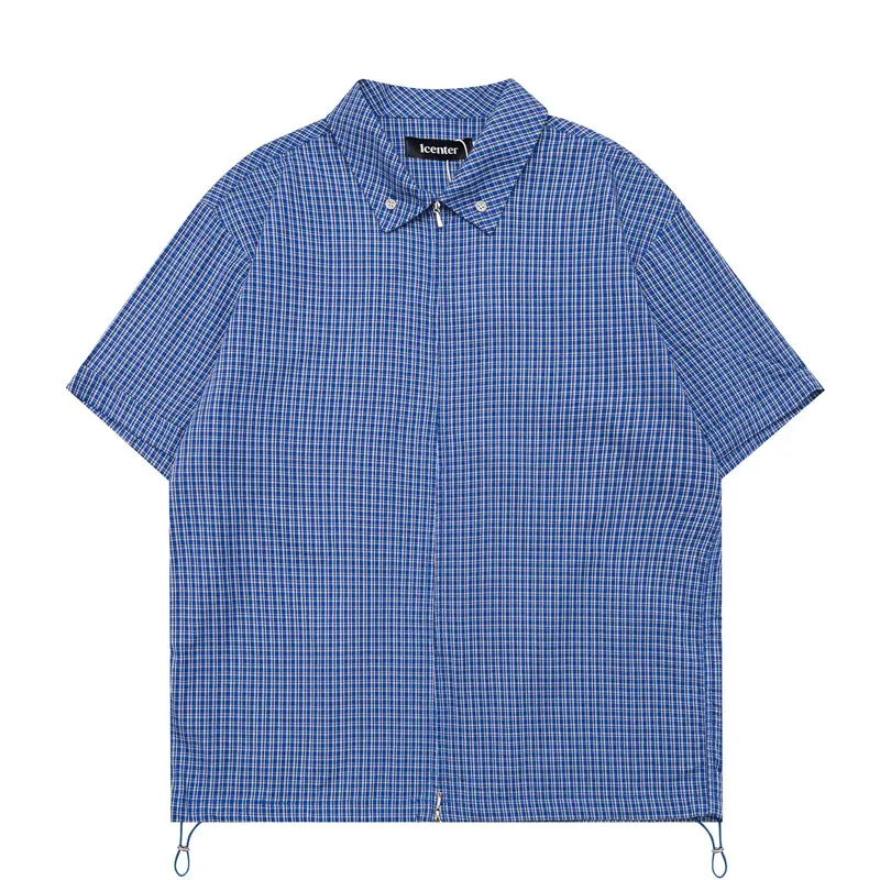 Japanese Retro Plaid Short Sleeved Shirt for Men and Women, Wide and Relaxed Swing Drawstring Five Quarter Sleeve Workwear TEE
