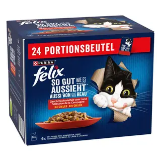3 + 1 gratis! 4x Felix, karma mokra dla kota, różne rodzaje - 4 x (24 x 85 g) Fantastic w galarecie, So gut wie es aussiehtt, mięsne smaki, (72 + 24 gratis!)