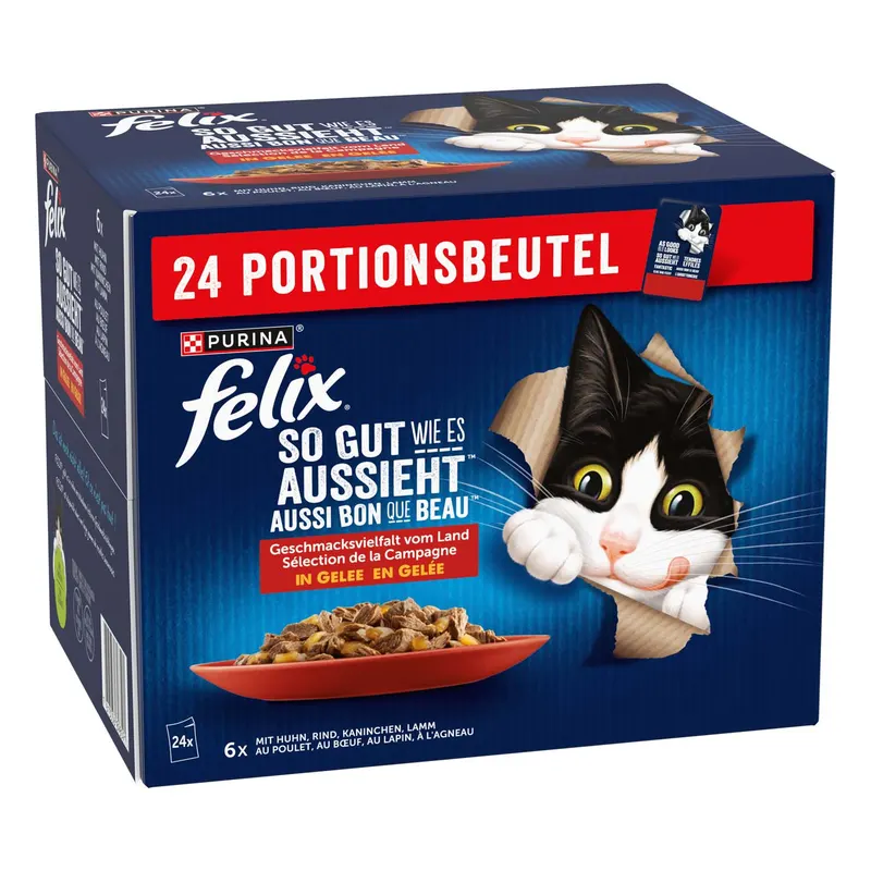 3 + 1 gratis! 4x Felix, karma mokra dla kota, różne rodzaje - 4 x (24 x 85 g) Fantastic w galarecie, So gut wie es aussiehtt, mięsne smaki, (72 + 24 gratis!)