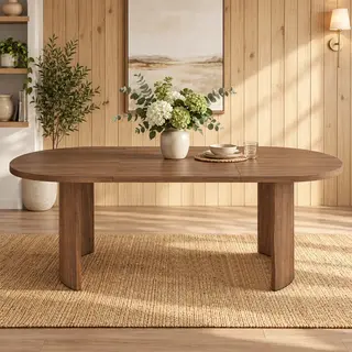 Stół jadalny 200 × 90 cm, dla 6–8 osób, stół jadalny z zaokrąglonymi rogami, pogrubiony blat, zakrzywione nogi stołu, prosty styl, kolor orzechowy