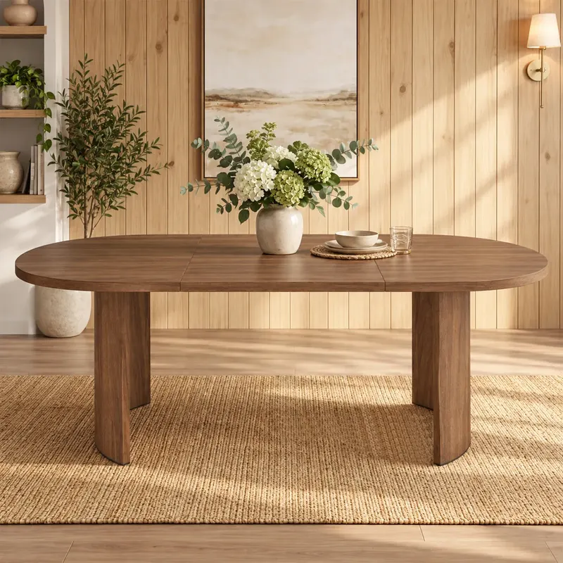 Stół jadalny 200 × 90 cm, dla 6–8 osób, stół jadalny z zaokrąglonymi rogami, pogrubiony blat, zakrzywione nogi stołu, prosty styl, kolor orzechowy