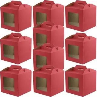 10x Karton pudełko na tort z rączką 26x26x25 cm z oknem CZERWONE opakowanie