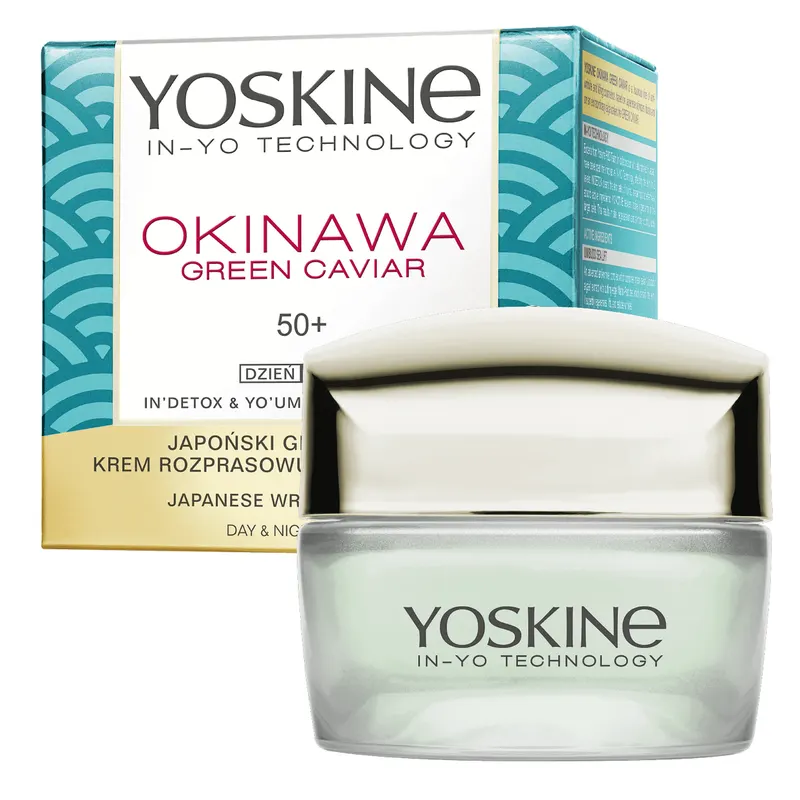 Yoskine Okinawa Green Caviar krem do twarzy na dzień i noc 50+ z zielonym kawiorem, witaminą C, kwasem ferulowym i olejem Tsubaki 50 ml