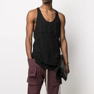 High Street Black Dark RO Cotton Patchwork Ribbon Tee Men's Tank Top Exposed Back and Frayed Edges Sleeveless Base Tanks
