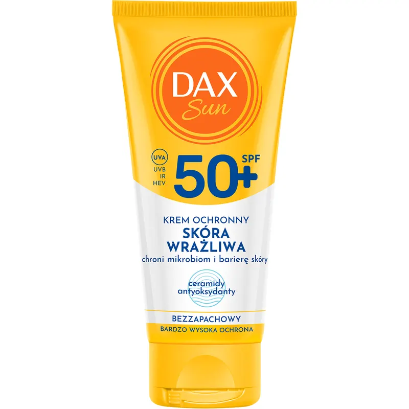Dax Sun bezzapachowy krem ochronny SPF 50+ do twarzy dla skóry wrażliwej z ceramidami, prebiotykiem, witaminą E i D-pantenolem 50 ml