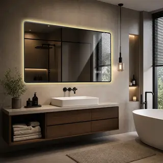 Duże lustro łazienkowe LED w kształcie zaokrąglonego prostokąta 60 × 120 cm z czarną ramą aluminiową, podświetlane z tyłu, 3 kolory światła, regulac..