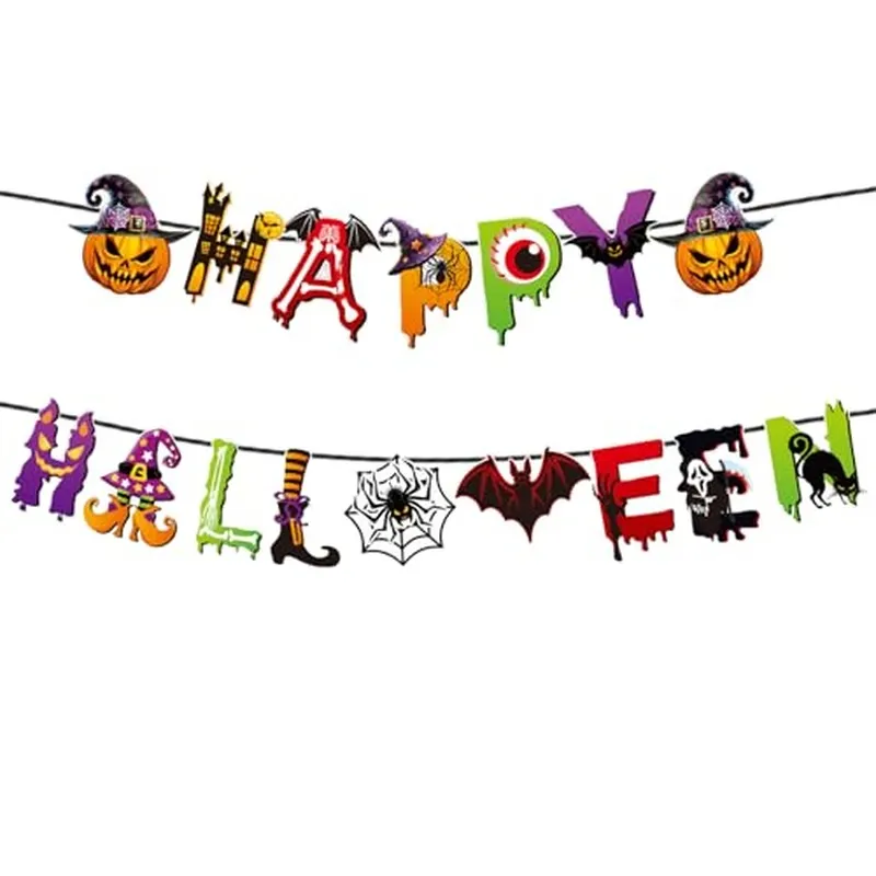 Girlandy z proporczyków w stylu vintage na Halloween: dynie, pająki, nietoperze, duchy… Idealna dekoracja ścienna