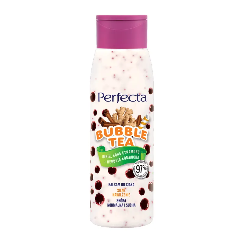 Perfecta Bubble Tea balsam do ciała Silne nawilżenie Imbir, Kora cynamonu + Herbata Kombucha z witaminowymi kuleczkami 400 ml
