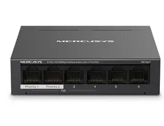 TP-LINK Przełącznik Mercusys 6-Port 10/100 Mbps Desktop Switch with 4-Port PoE+ PORT: 4× 10/100 Mbps PoE+ Ports, 2× 10/100 Mbps Non-PoE Ports MS10