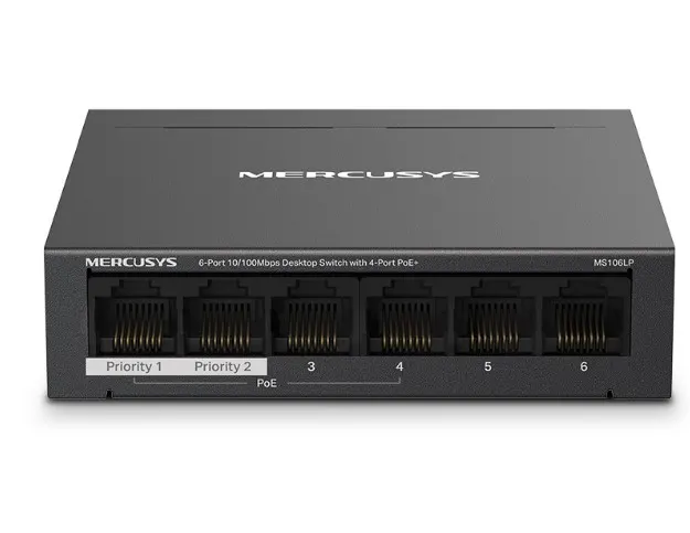 TP-LINK Przełącznik Mercusys 6-Port 10/100 Mbps Desktop Switch with 4-Port PoE+ PORT: 4× 10/100 Mbps PoE+ Ports, 2× 10/100 Mbps Non-PoE Ports MS10