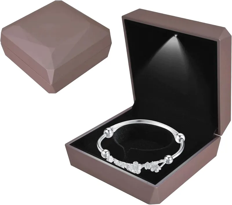 Pudełko na biżuterię LED 10x10x5 cm aksamit złoty róż