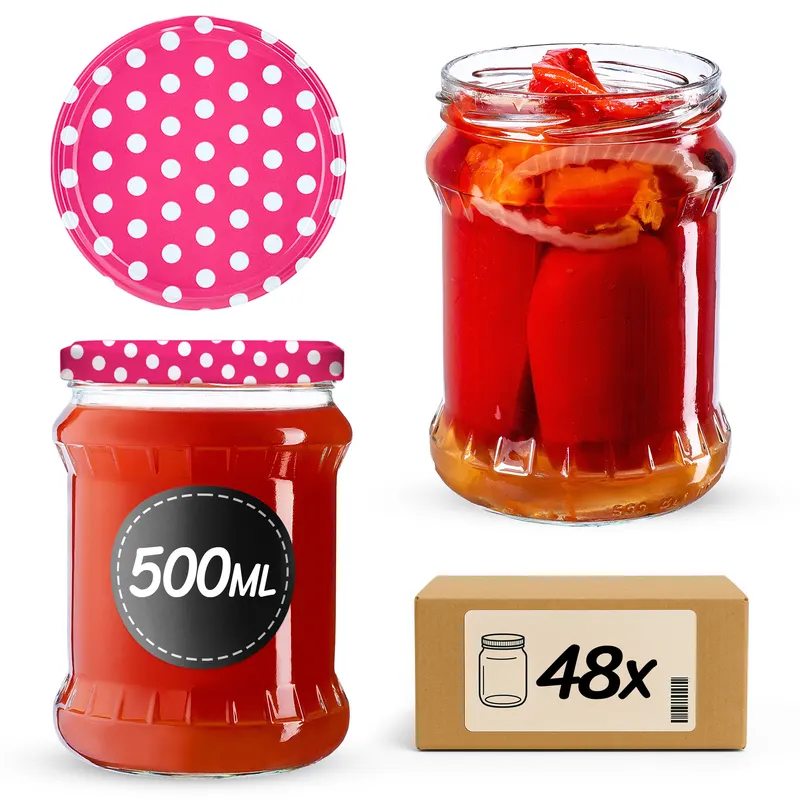 Słoiki na przetwory Kisko 500ml 48szt fi 82 mm + wieczka "Groszek różowy"