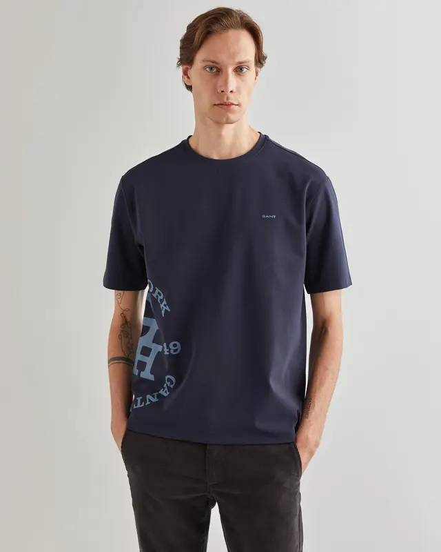 Gant T-Shirt Męski Z Nadrukiem Okrągły Kołnierzyk Regular Fit
