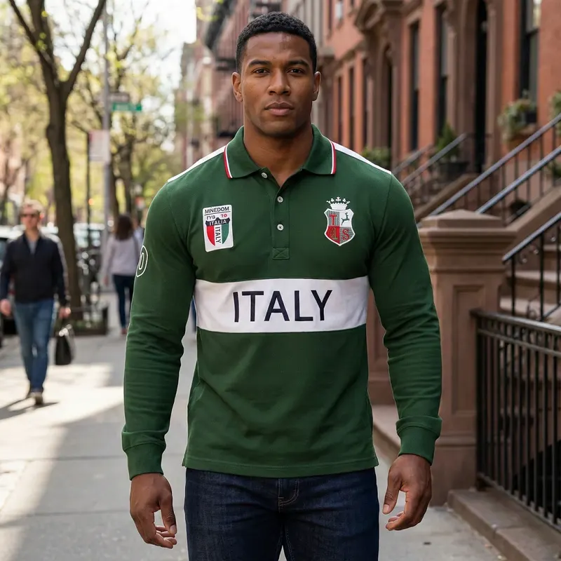 Men's Green 100% Cotton Long Sleeve Polo Shirt Full-Collar Tee with Italy Embroidery Casual Sports Clothing