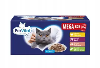 PREVITAL Mega Box Cielęcina, łosoś, wątróbka, kurczak Box - mokra karma dla kota - 40X100g