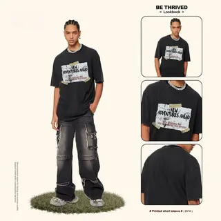 t shirt for man heavyweight cotton retro letter print loose and comfortable fit Black and gray colors for daily wear