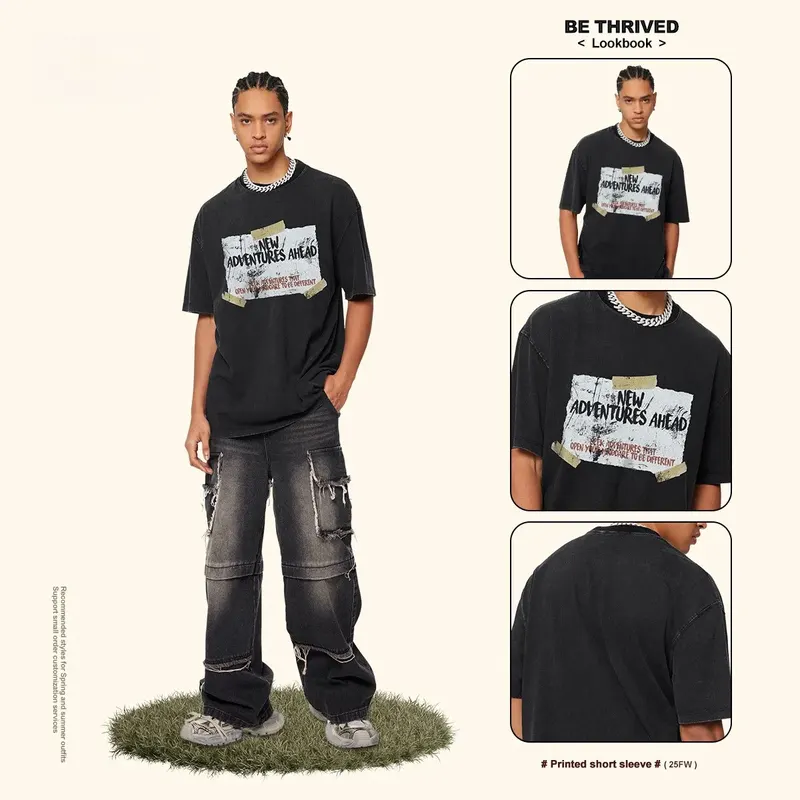 t shirt for man heavyweight cotton retro letter print loose and comfortable fit Black and gray colors for daily wear