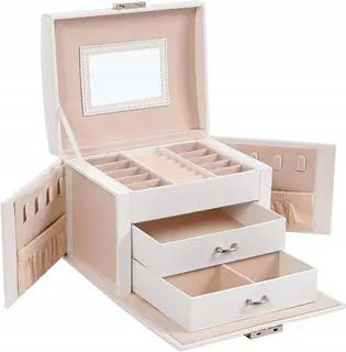 SZKATUŁKA na BIŻUTERIĘ z LUSTREM 3 POZIOMY zamykana organizer BIAŁY