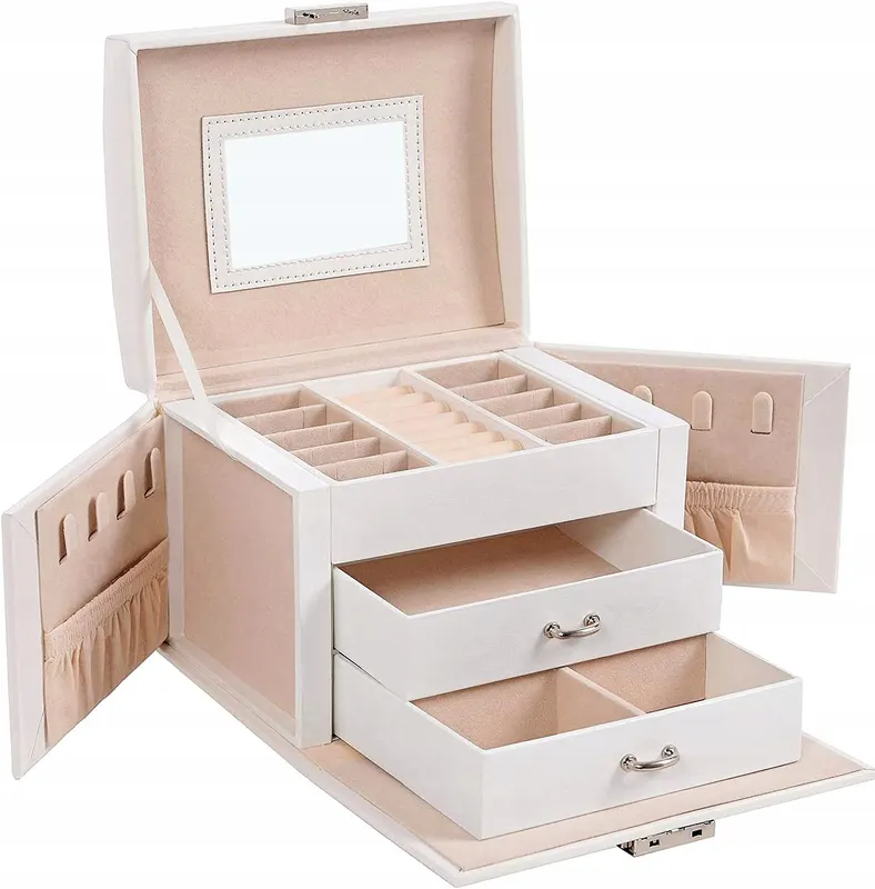 SZKATUŁKA na BIŻUTERIĘ z LUSTREM 3 POZIOMY zamykana organizer BIAŁY