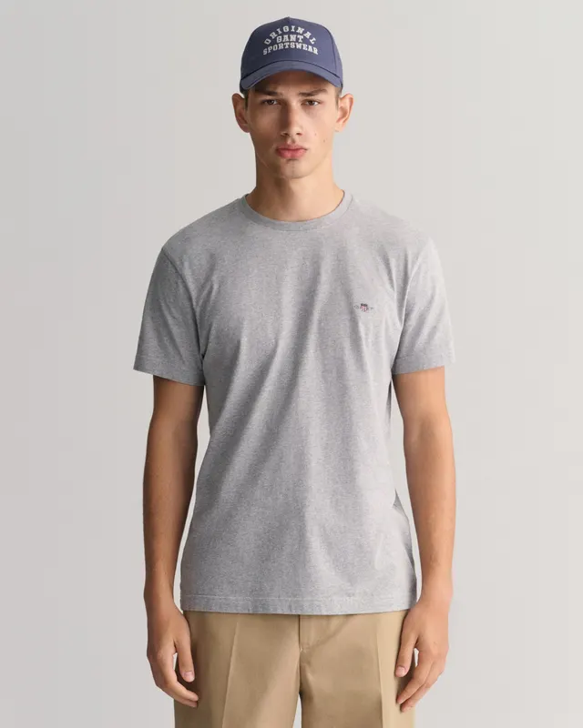 Gant Bawełniany T-Shirt Męski Z Okrągłym Dekoltem Slim Fit Szary