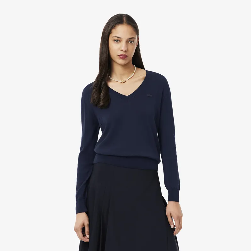 Lacoste Sweter Bezszwowy Z Dekoltem W Szpic Granatowy