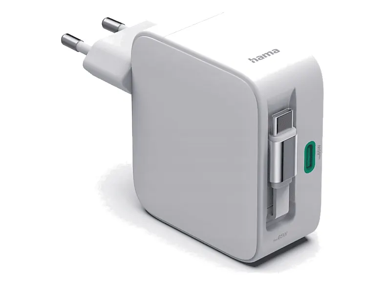 Ładowarka sieciowa HAMA 65W 2xUSB-C ze zwijanym kablem Biały