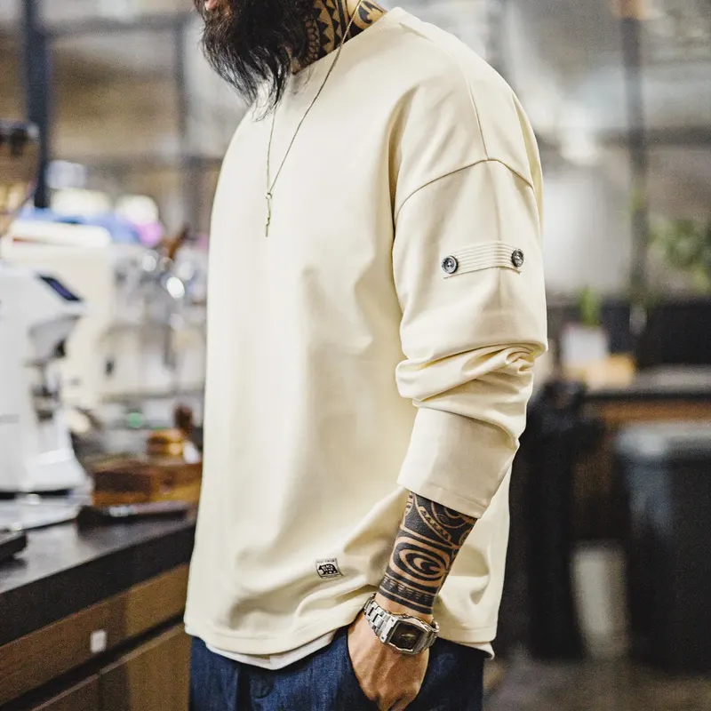 Maden Men‘s Vintage V-Neck T-Shirt Long Sleeve Solid Color Tee Casual Basic Knit Pullover for Spring and Autumn Layering Top
