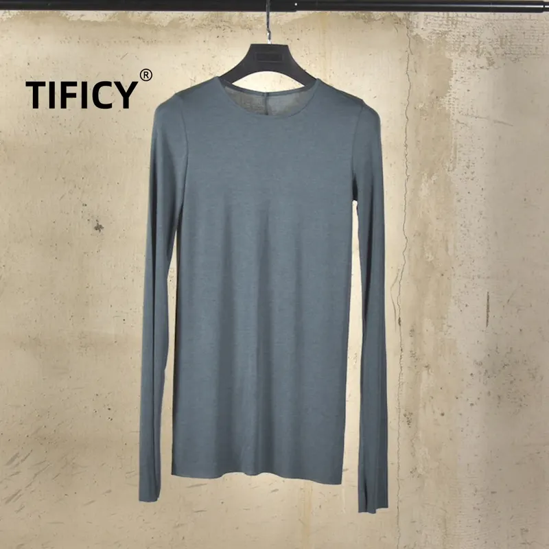 RO Style Tees Men's Ultra-thin Semi Wool Containing Long Sleeved Base T-shirt Round Neck Slim Fit Top Fashionable