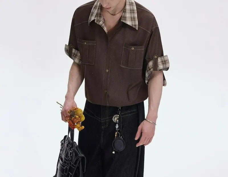 Fake Two-piece Plaid Splicing Short-sleeved Retro Summer Shirt 2026 Men's New Loose Casual Temperament Shirt