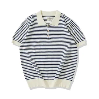 New Amekaji Thick French Casual Lapel Knitted Striped T-shirt Vintage Navy Pinstripe Lapel POLO Shirt 100% Cotton Short-sleeved