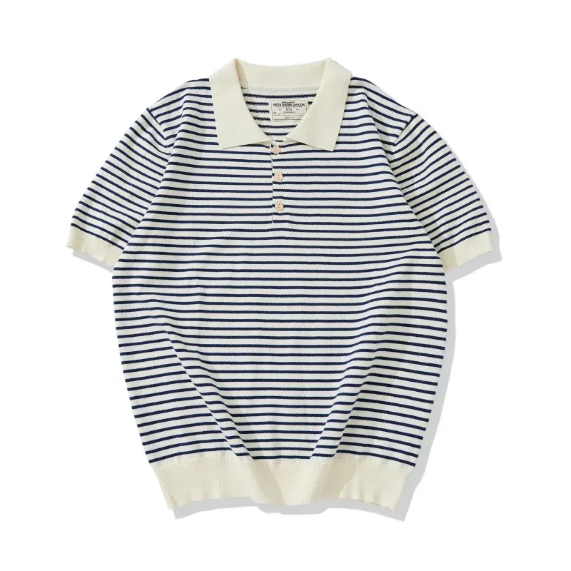 New Amekaji Thick French Casual Lapel Knitted Striped T-shirt Vintage Navy Pinstripe Lapel POLO Shirt 100% Cotton Short-sleeved