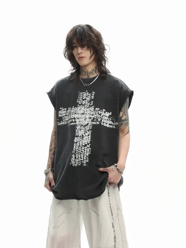 2026 New Men American High Street Distressed Cross Print Washed Sleeveless Tank Tops Summer Vintage Loose Streetwear Vests