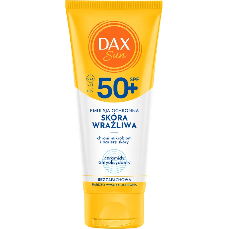 Dax Sun Travel bezzapachowa emulsja ochronna SPF 50+ dla skóry wrażliwej z ceramidami, prebiotykiem, witaminą E i D-pantenolem 100 ml