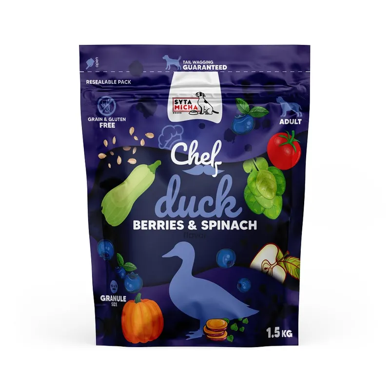SYTA MICHA Chef Kaczka, jagody i szpinak - sucha karma dla psa - 1,5 kg