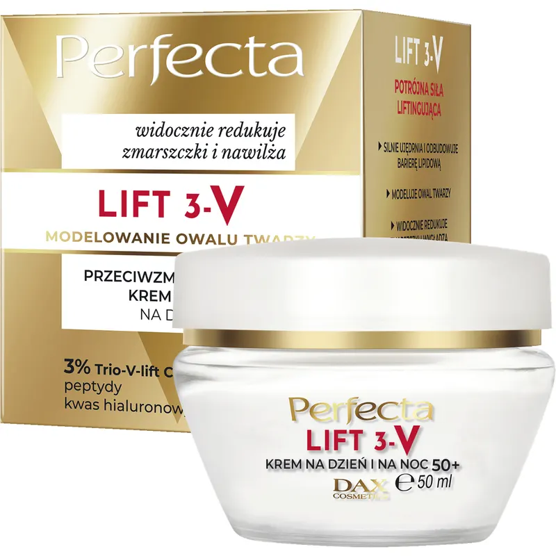 Perfecta Lift 3-V przeciwzmarszczkowy krem liftingujący na dzień i noc 50+ z 3% Trio-V-lift Complex™, peptydami, kwasem hialuronowym i masłem shea 50 ml