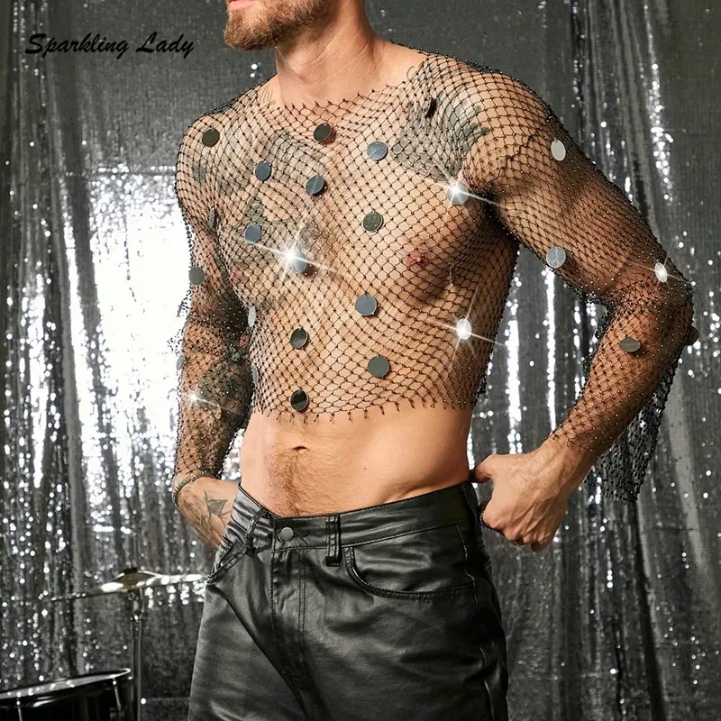 Black Fishnet Mesh Crop Top Man Silver Round Sequins on Front and Back Long Sleeve with Draped Tassel Cuffs Stage Party