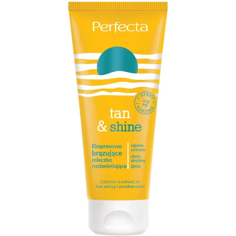 Perfecta Tan&Shine ekspresowo brązujące mleczko rozświetlające do ciała z DHA Bronze Power, złotymi drobinami i rajskimi owocami 200 ml