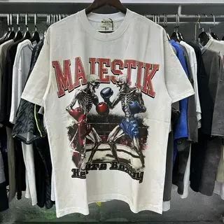 MAJESTIK Trendy Boxing Skull Print Beaded Letter Washed Antique Men's and Women's Loose Short-Sleeved T-Shirt