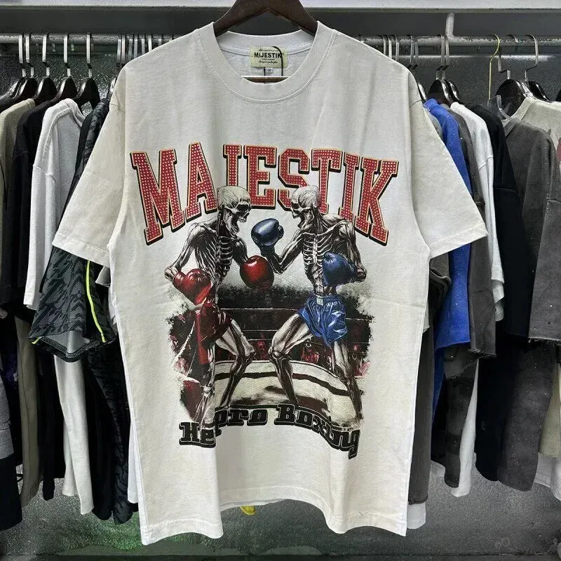MAJESTIK Trendy Boxing Skull Print Beaded Letter Washed Antique Men's and Women's Loose Short-Sleeved T-Shirt