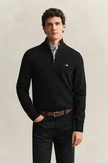 Gant Sweter Męski Z Zamkiem Do Połowy Regular Fit Czarny