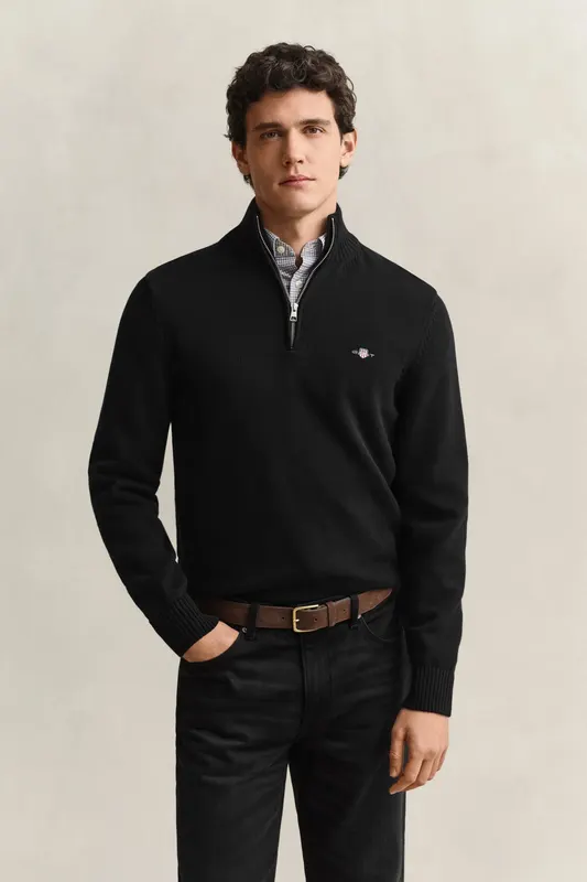 Gant Sweter Męski Z Zamkiem Do Połowy Regular Fit Czarny