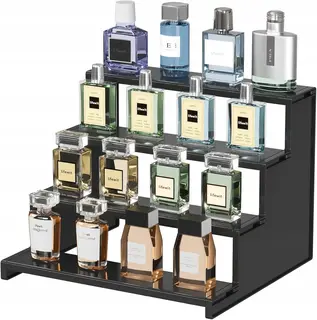 STOJAK ORGANIZER NA PERFUMY PLASTIKOWY CZARNY 4 PÓŁKI SCHODKOWY