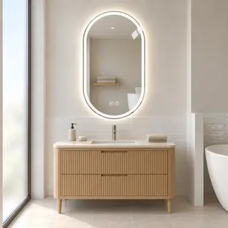 Lustro łazienkowe LED 60 × 100 cm, bezramowe z satynowym pasem świetlnym i tylnym podświetleniem LED, ściemnialne, z funkcją przeciwmgielną